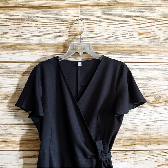Naggoo Women''s Wrap V Neck Wraparound Black Ruffled Short Sleeve Mini Dress. - Picture 9 of 10